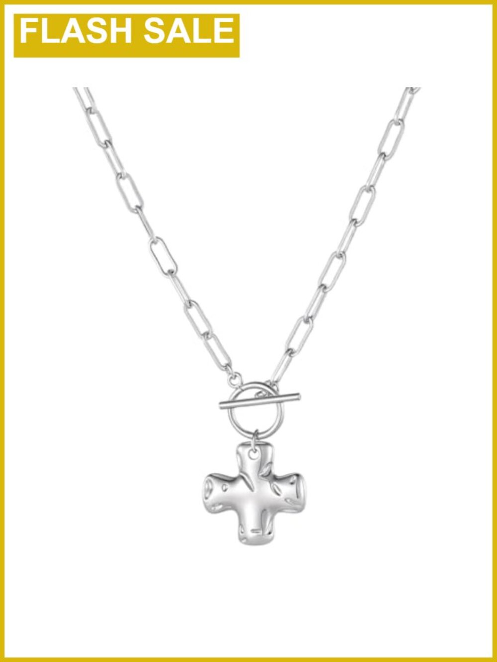 14K Gold Plated Hammered Cross Pendant Necklace Paperclip Chain Toggle Clasp